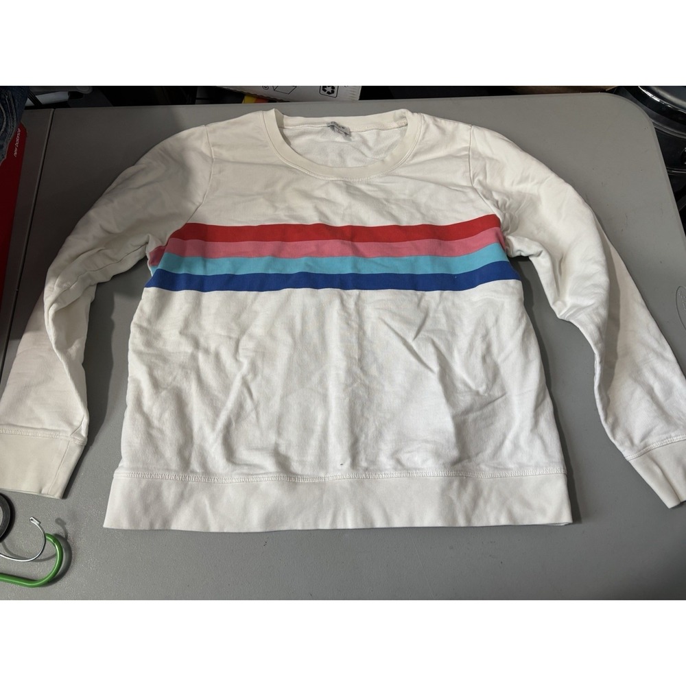 J.Crew Womens White Rainbow Stripe French Terry Crewneck Sweatshirt Large
